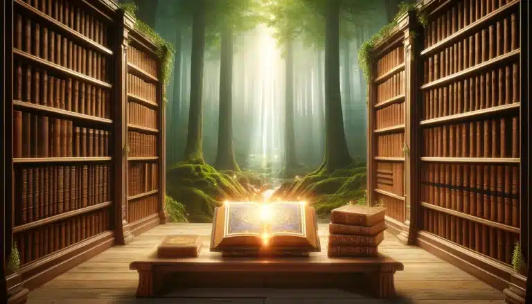 A landscape-oriented image featuring a serene and mystical library setting in a forest. The scene includes two large, wooden bookshelves filled with ancient, leather-bound books. Between the shelves, a soft, ethereal light illuminates a small table with a selection of books open to pages glowing with an inner light. Above the books, the words 'Top Books for Spiritual Growth & Enlightenment' float in an elegant, script font. The background is a lush, vibrant forest with beams of sunlight streaming through the trees, suggesting a tranquil, sacred grove.