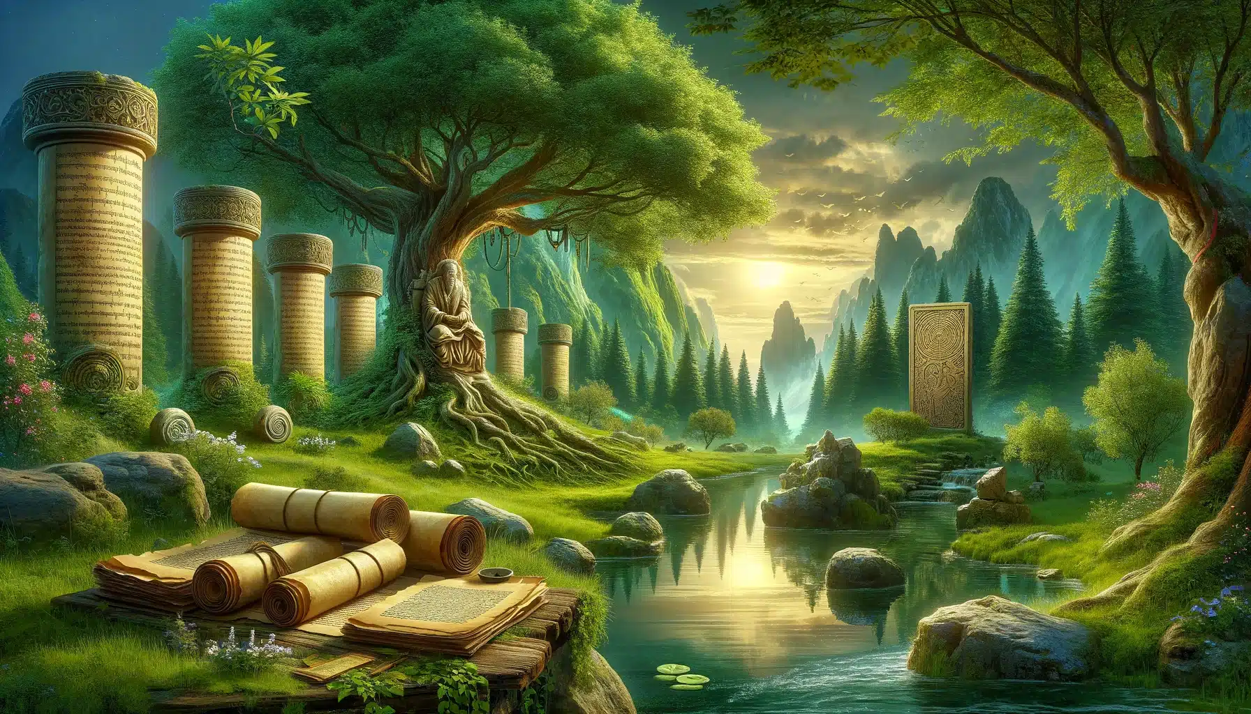 A picturesque landscape depicting an ancient wisdom theme, integrating elements like old scrolls, a wise old tree, and stone tablets with carved inscriptions. The scene is set in a serene, lush green forest with a tranquil pond reflecting the sky. This serene depiction aims to evoke a sense of timelessness and the enduring value of wisdom passed through generations.