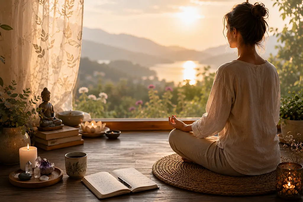 Daily Spiritual Meditation Practices for Inner Peace Person meditating beside a window at sunrise, with candles, journal and Buddha statue nearby