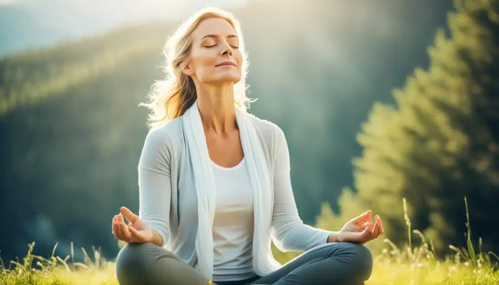 A serene woman is practicing meditation outdoors, seated on the grass with her legs crossed in a lotus position. She is dressed in comfortable, casual clothing suitable for yoga or relaxation. Her eyes are closed, and her face is turned upward towards the soft sunlight that filters through a pine forest in the background. The woman's hands rest gently on her knees in a gesture of openness, and her expression is one of deep peace and contentment.