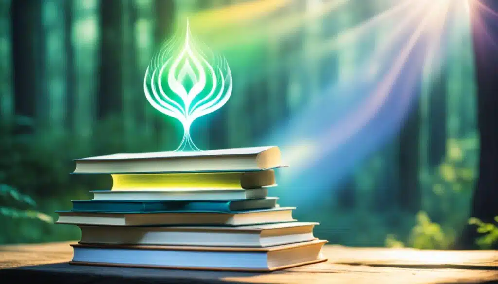 A stack of books with variously colored covers sits on a wooden surface, bathed in the soft light of a sunbeam filtering through a forest backdrop. Atop the books hovers a glowing, ethereal symbol of a leaf, composed of intertwining lines of light, suggesting a fusion of knowledge and nature, as if the books are emitting a magical essence or an idea coming to life.