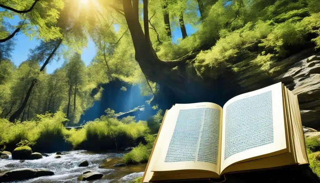 An open book bathed in the golden light of the sun, which beams through the lush canopy of an ancient forest. The book lies near a babbling brook, symbolizing the flow of wisdom through time. Its pages, filled with text, evoke the spread of knowledge from the past into the present. The serene environment reflects the tranquility that can be found in the pursuit of wisdom, amidst the natural world that has witnessed the passage of countless generations.