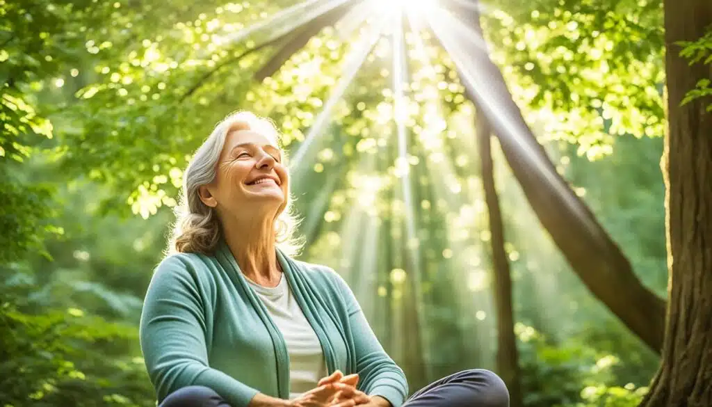 A joyful woman is seated in a peaceful forest, basking in the ethereal sunlight filtering through the canopy above. Her eyes are closed, and her face is uplifted toward the light beams, which cast a warm, heavenly glow all around her. The trees surrounding her seem to embrace the tranquility of the moment, creating an oasis of calm. This image captures the essence of serene contentment and connection with nature.