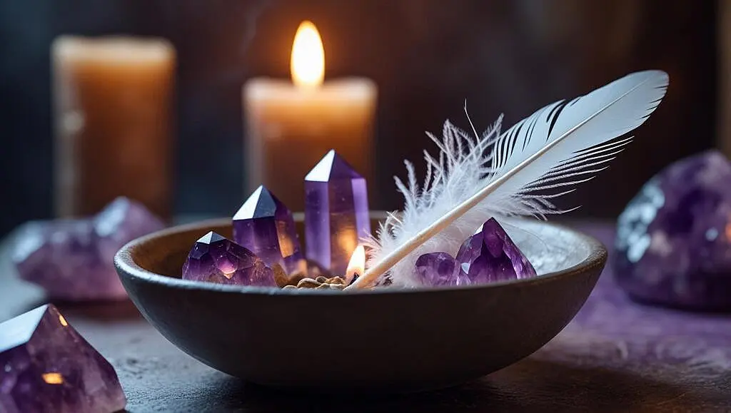 How to Integrate Spirituality Into Daily Life Small altar with crystals, feather or flower in a bowl, candle or incense burning nearby. Minimal, intentional styling.