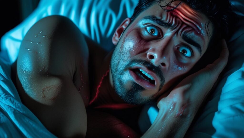 Man waking up from a chase dream, experiencing stress and anxiety as part of recurring nightmare patterns