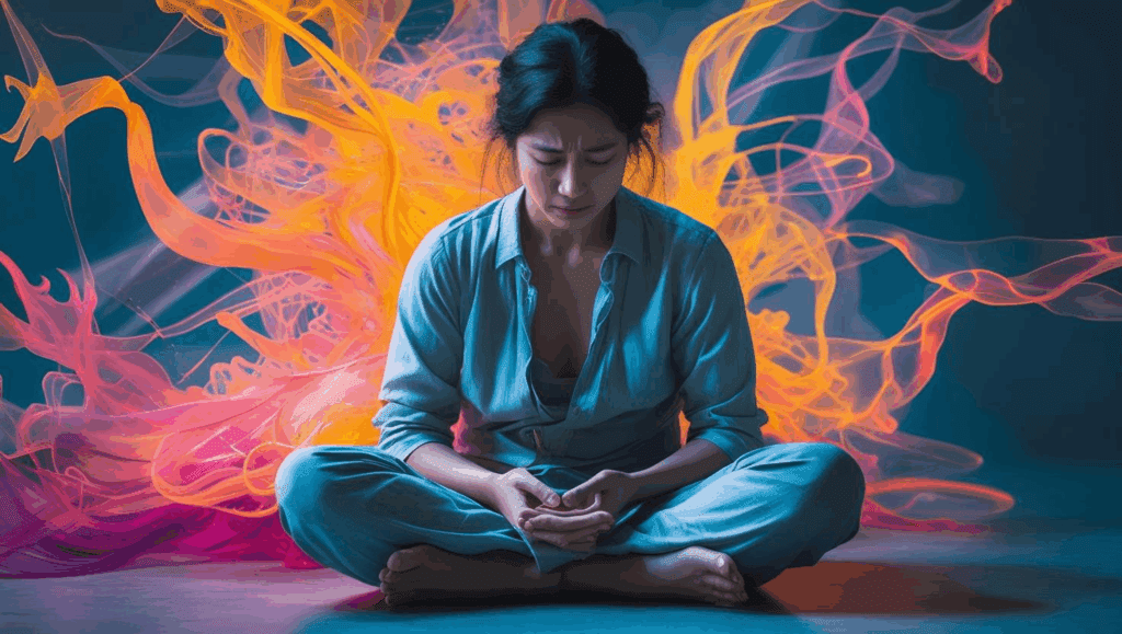 A highly sensitive person attempting traditional meditation while surrounded by swirling anxious thoughts and emotional energy.