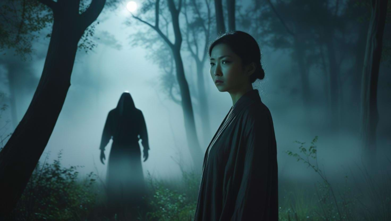 Surreal dream of woman being chased in a forest – symbolizing the spiritual meaning of recurring nightmares about being chased