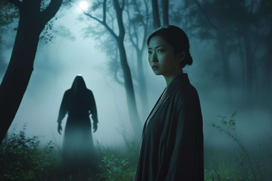 Surreal dream of woman being chased in a forest – symbolizing the spiritual meaning of recurring nightmares about being chased