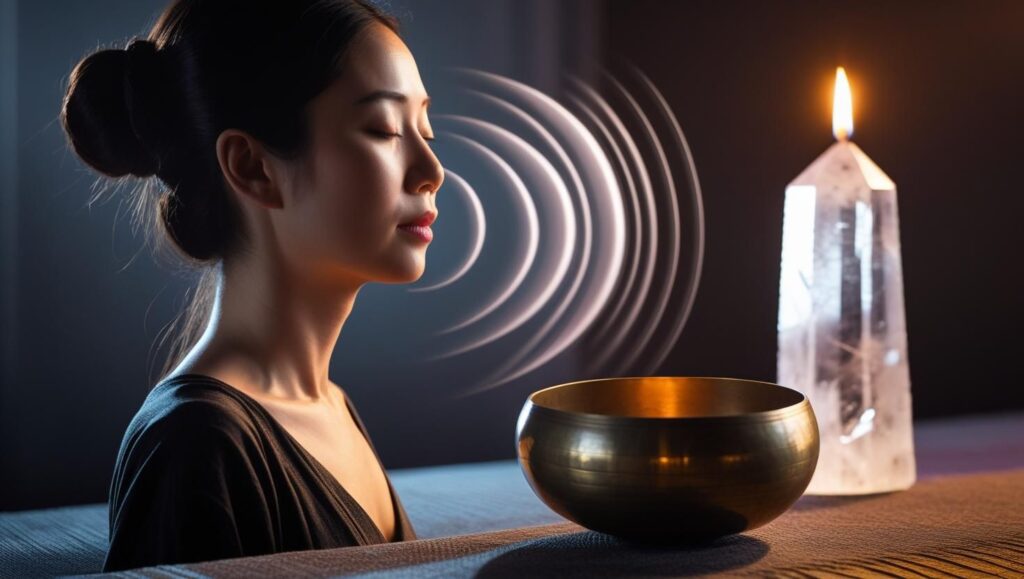 An empath practicing vocal toning meditation, releasing sound and vibration for nervous system regulation.