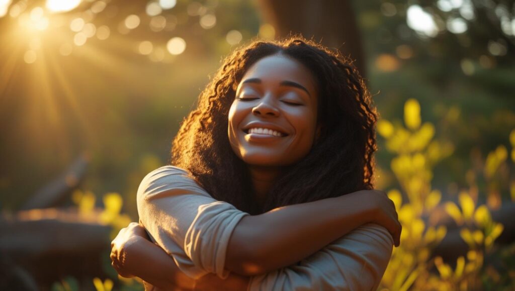 A peaceful empath finding emotional relief after meditation, symbolizing nervous system regulation through movement practices.