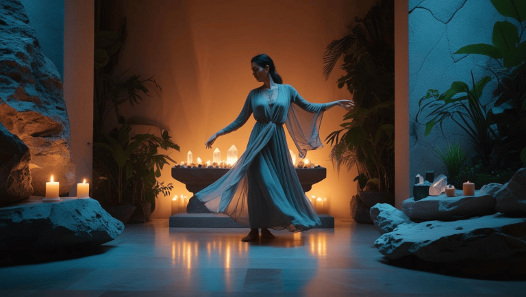 An empathic woman practicing movement based meditation in a softly lit sacred space with candles and natural textures. 1 Home