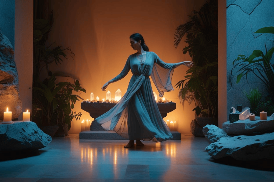 An empathic woman practicing movement based meditation in a softly lit sacred space with candles and natural textures. 1 Meditation for Empaths Who Can’t Sit Still | 5 Unusual Ways to Calm Your Nervous System