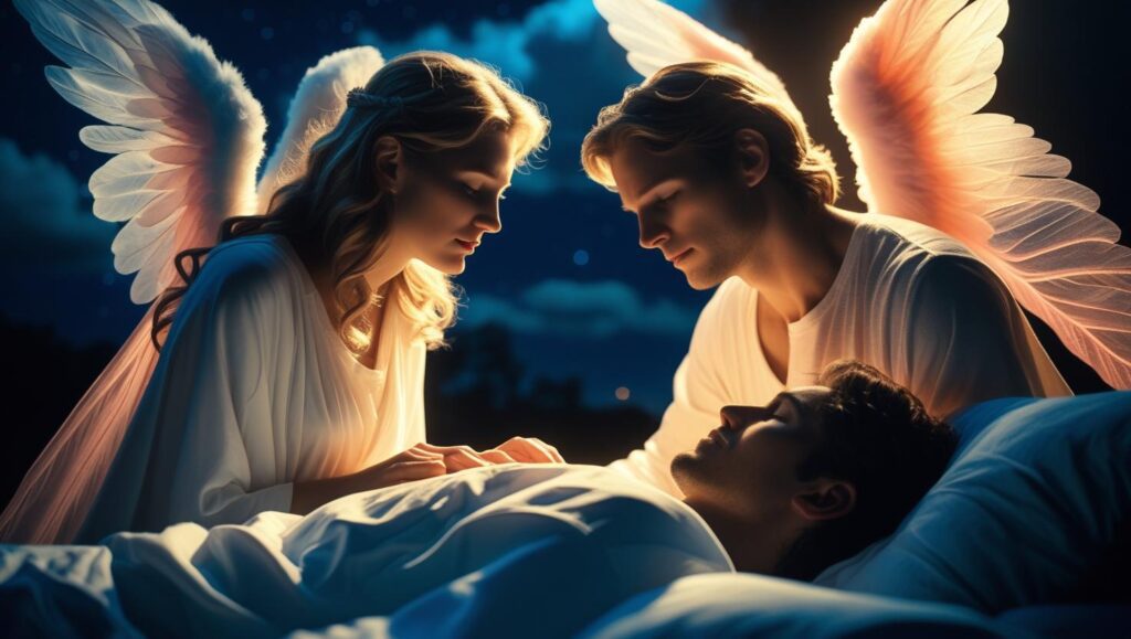 Angelic or ethereal guides appearing softly at night to a sleeping person