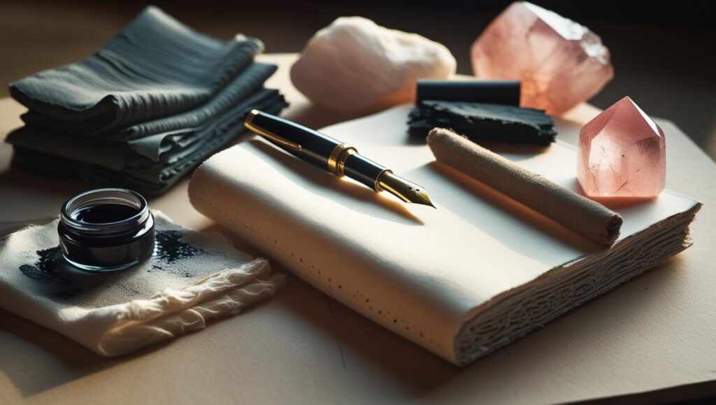 Spiritual journaling tools including journal, pen, crystal
