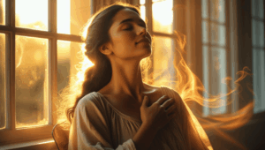 Empath woman feeling emotional energy with hand on heart — what is an empath in daily life