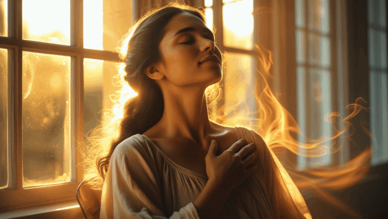 Empath woman feeling emotional energy with hand on heart — what is an empath in daily life