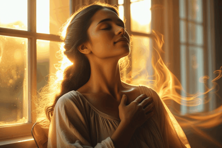 Empath woman feeling emotional energy with hand on heart — what is an empath in daily life