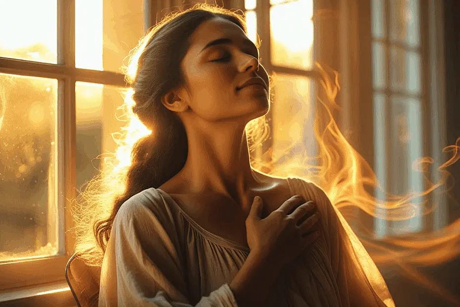 Empath woman feeling emotional energy with hand on heart — what is an empath in daily life