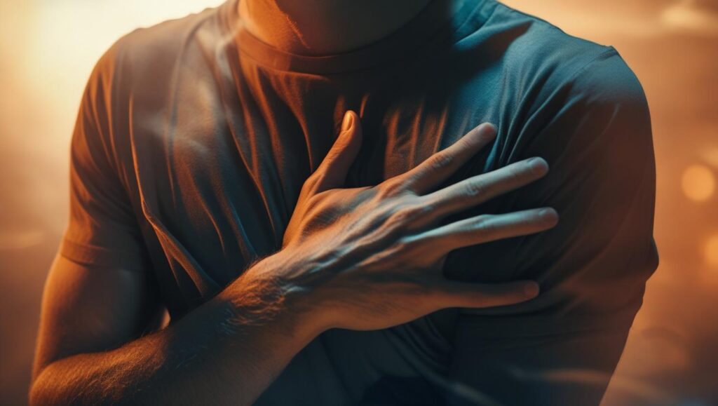 Person connecting with their body before journaling, hand over heart in gentle reflection