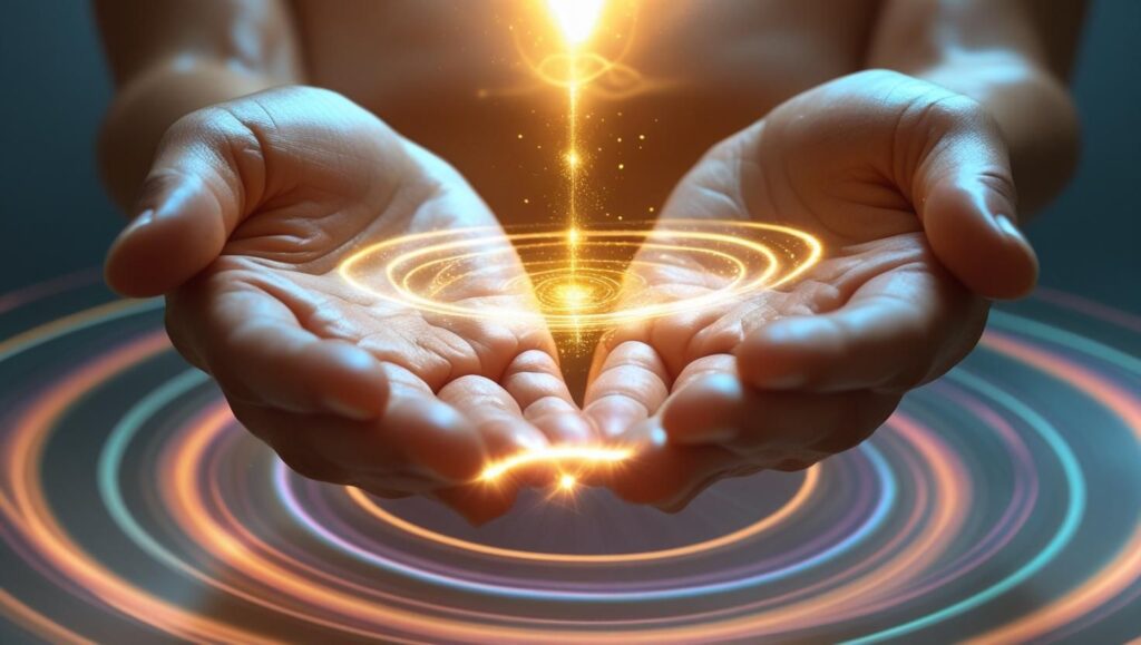 Hands performing an energy tracing meditation above the body, symbolizing intuitive healing for empaths.