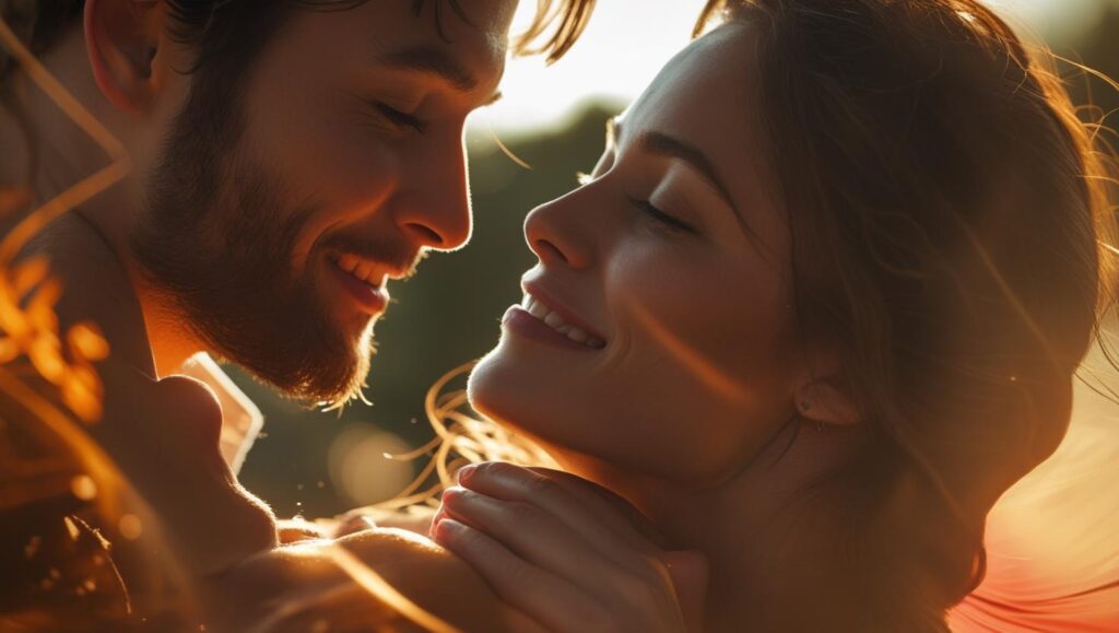 Two people are looking into each other's eyes