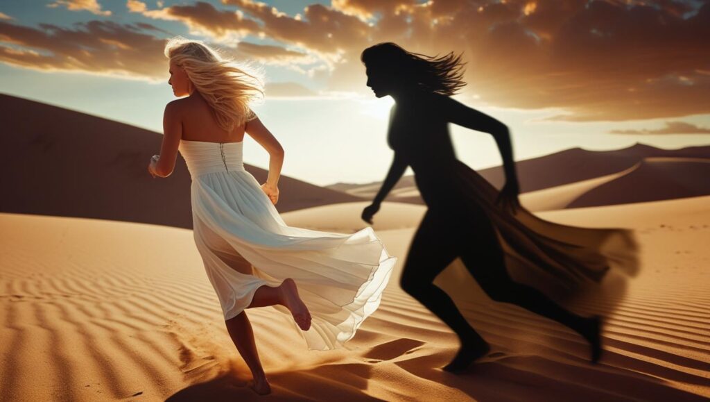Person running from their shadow in a dream – symbolizing repressed fears and the transformative nature of chase dreams