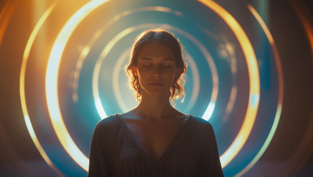 a person standing in front of a circle of light