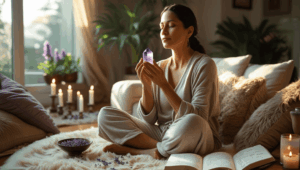 Water Moon grounding ritual at home with crystal meditation, journaling, and infused water for emotional absorption release