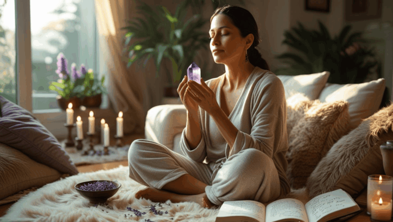 Water Moon grounding ritual at home with crystal meditation, journaling, and infused water for emotional absorption release