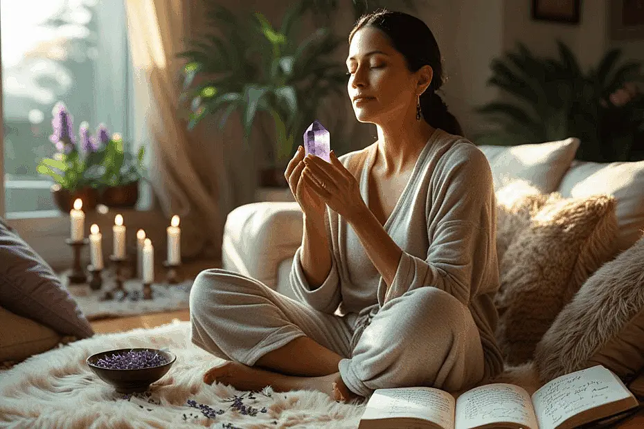 Water Moon grounding ritual at home with crystal meditation, journaling, and infused water for emotional absorption release