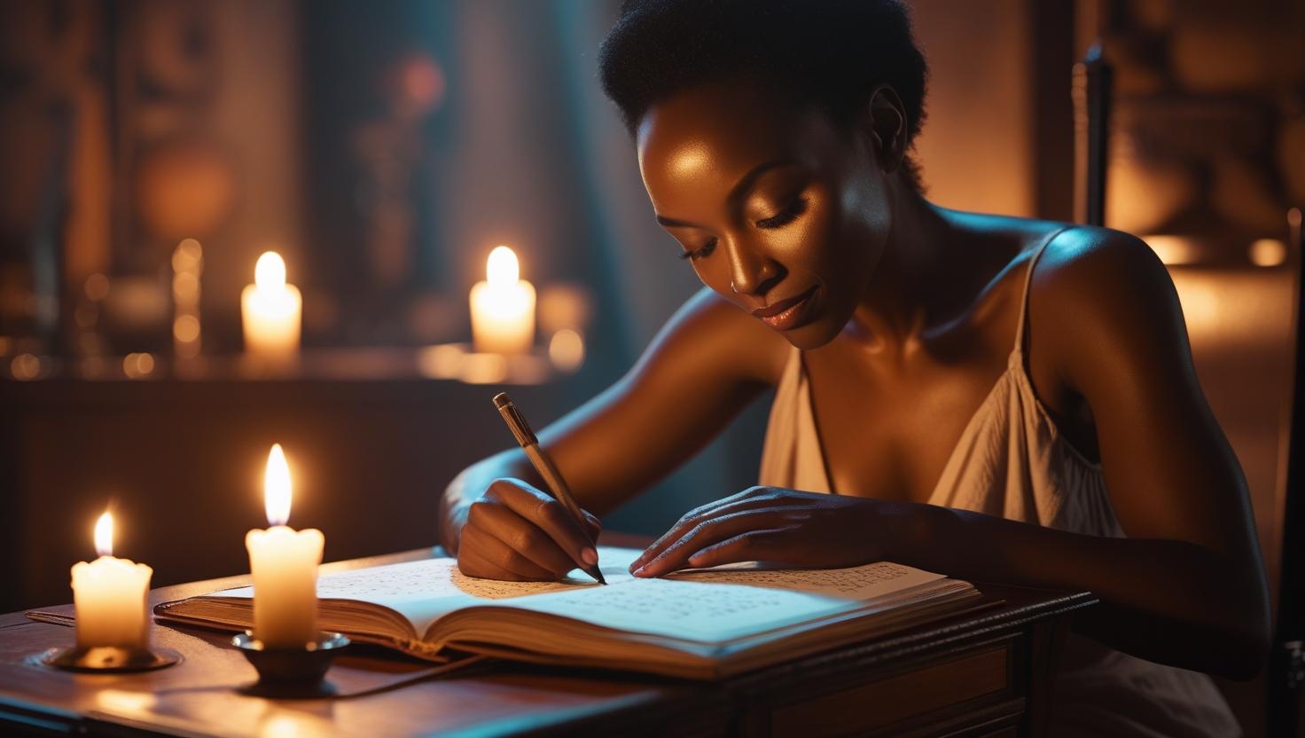 Woman writes in journal with candlelight for intuitive healing practice