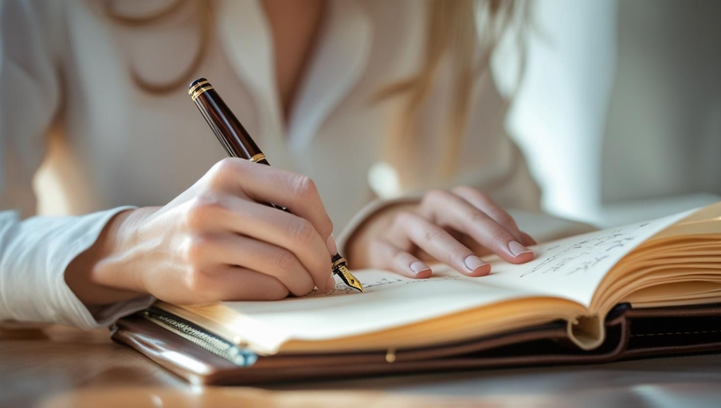 Shadow Work Journal Prompts for Beginners | Organized by Personal Themes Close-up of hand journaling with a pen on lined paper, doing inner reflection work