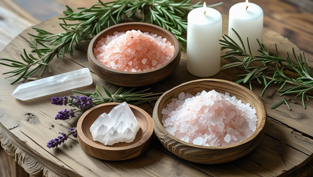 Energy Clearing Home Remedies: 5 Powerful Ways to Refresh Your Space DIY home energy clearing tools with Himalayan salt and candles arranged for a cleansing ritual.