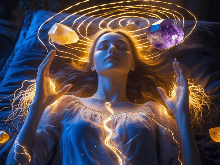 A peaceful empath woman glowing softly under moonlight, lying in a bed surrounded by glowing protective crystals, golden light swirling around her body like a shield, with roots extending from her hands into the earth below.