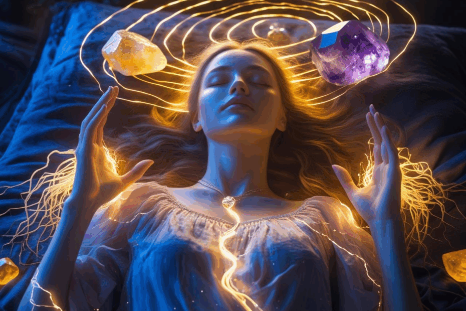 A peaceful empath woman glowing softly under moonlight, lying in a bed surrounded by glowing protective crystals, golden light swirling around her body like a shield, with roots extending from her hands into the earth below.