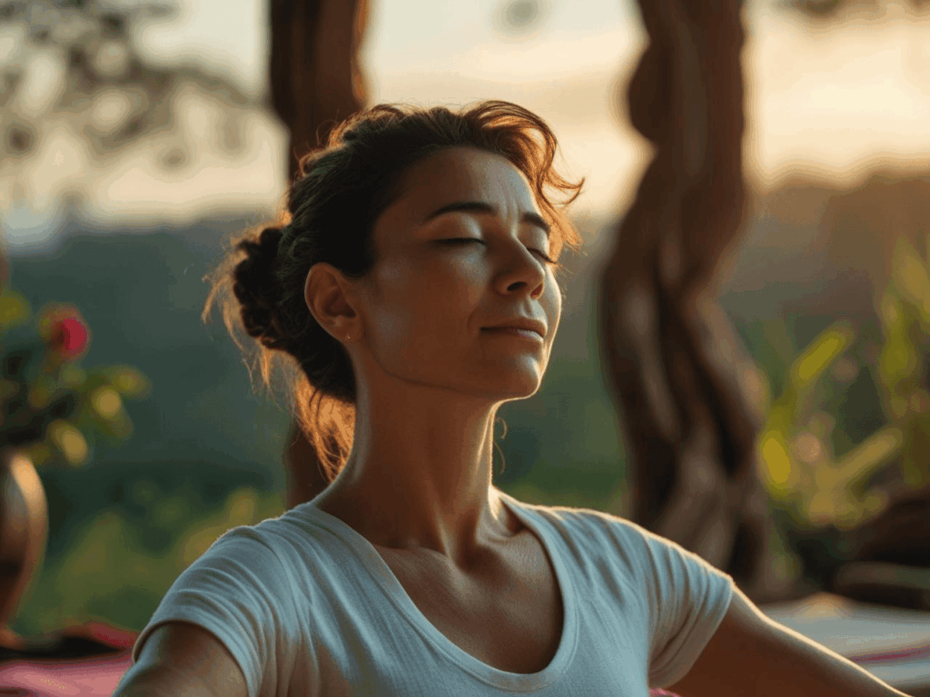 a woman meditating in a yoga pose at sunset