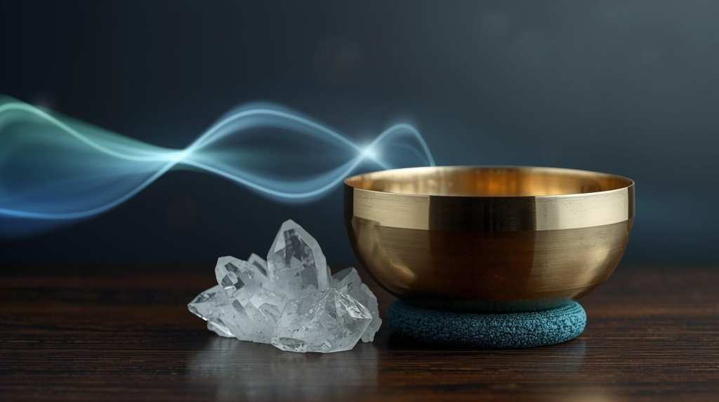 Singing bowl placed next to crystals during a sound healing ritual, with energy waves softly illustrated in motion—symbolizing cleansing without smoke.