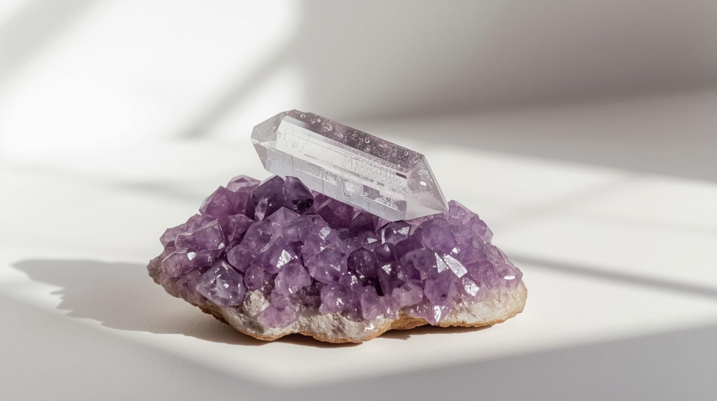Crystal resting on an amethyst cluster to energetically reset its frequency—an intuitive, smoke-free cleansing method.