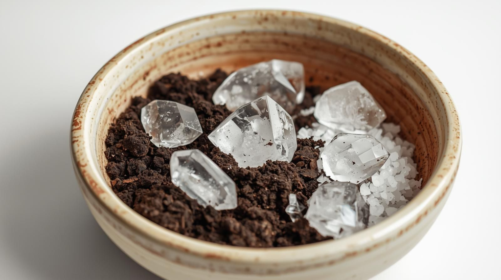 Crystals resting in soil and salt in a ceramic bowl, showing a grounded way to cleanse energetic residue sage-free.
