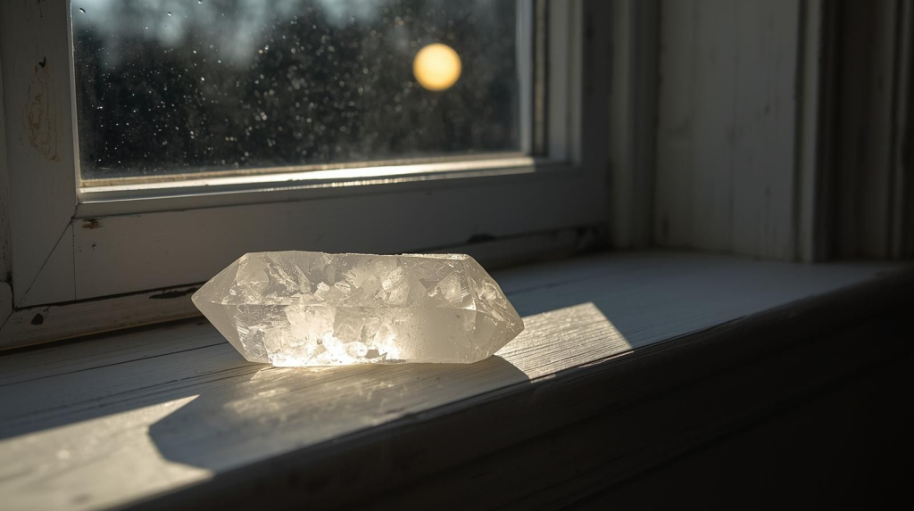 A crystal on a windowsill basking in full moonlight, a gentle ritual for cleansing stones without sage or smoke.