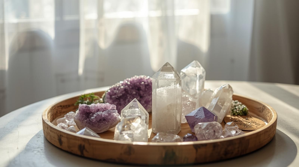 Crystals basking in indirect sunlight on a wooden tray, being energetically cleansed in a gentle, light-infused ritual.