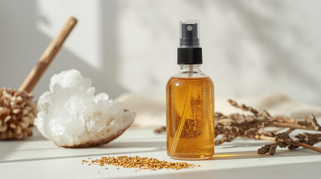 Herbal infusion spray prepared for crystal energy clearing, representing an earth-based, sage-free ritual for sensitive souls.