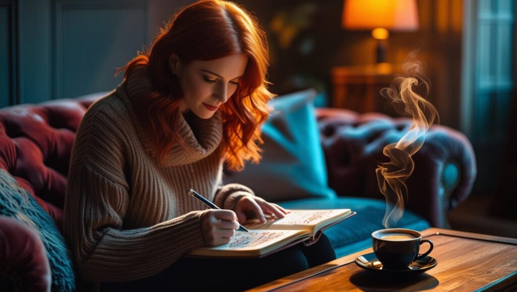 person with red hair sitting on a couch with a cup of coffee and a spiritual dream journal 