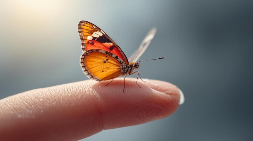 A butterfly on fingertips, a cardinal perched at eye level, or a feather on a forest trail. 
