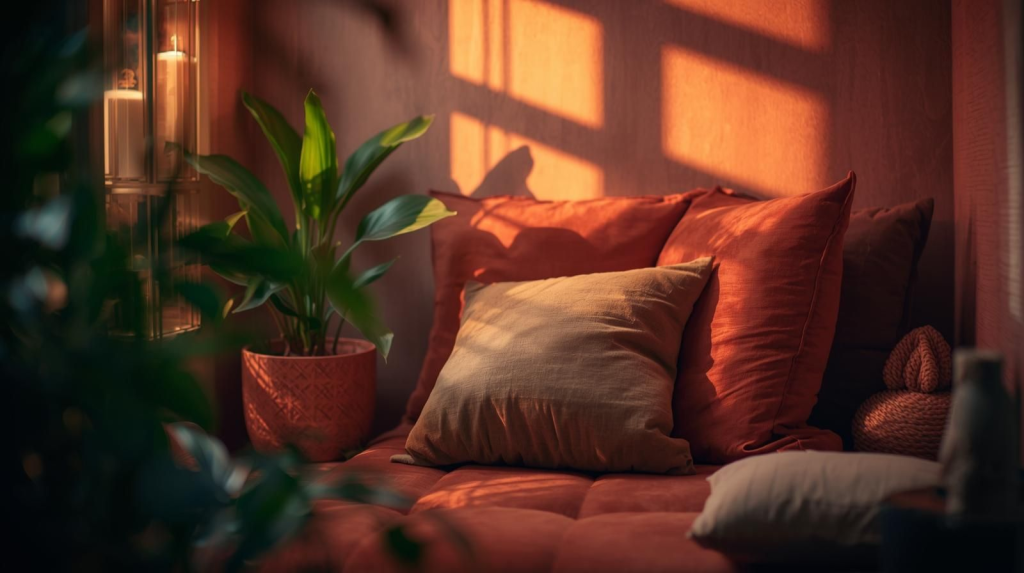 A cozy sacred space set up for meditation, featuring cushions, plants, and a calming atmosphere