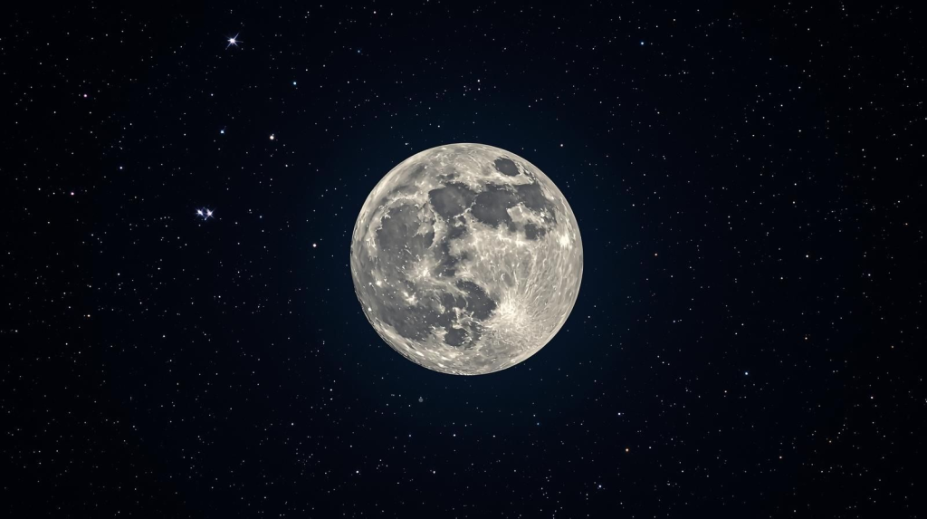 A glowing full moon illuminating a starry night sky, symbolizing the power and energy of lunar phases.
