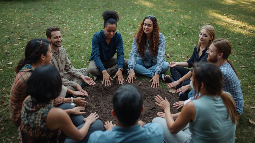 How to Protect Your Aura From Toxic Environments (Without Becoming a Hermit) A group of friends participating in a grounding exercise together, symbolizing community support while protecting their energies