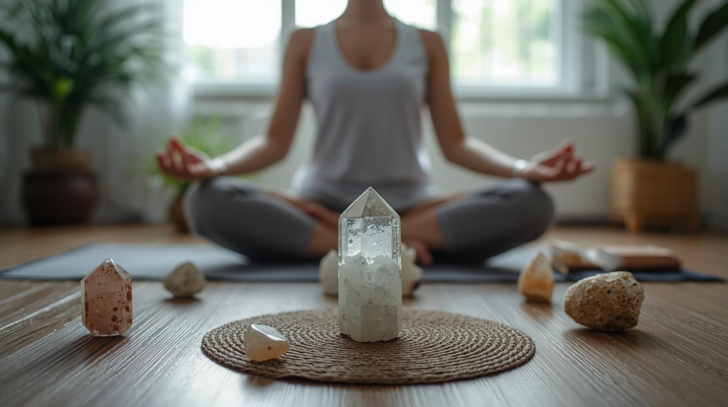 A serene meditation space featuring a person meditating with various crystals for protection and grounding placed around them