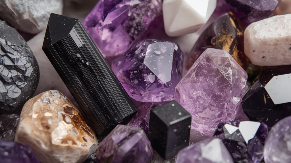 A vibrant display of crystals for protection and grounding, including Black Tourmaline, Amethyst, and Selenite.
