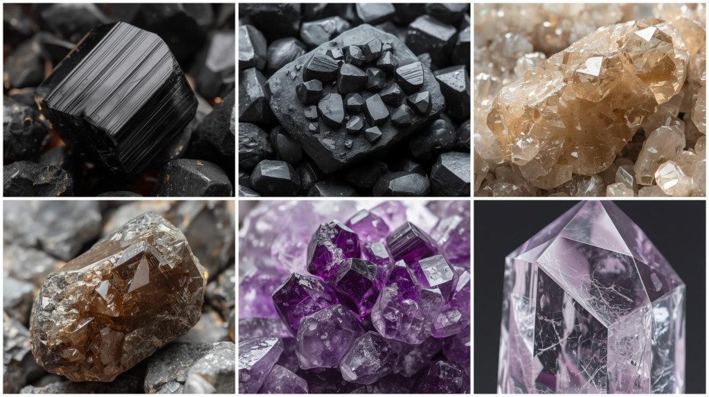 Close-up views of Black Tourmaline and Obsidian, showcasing their properties as crystals for protection.